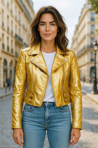 Womens Cropped Brando Leather Biker Jacket-Damascus