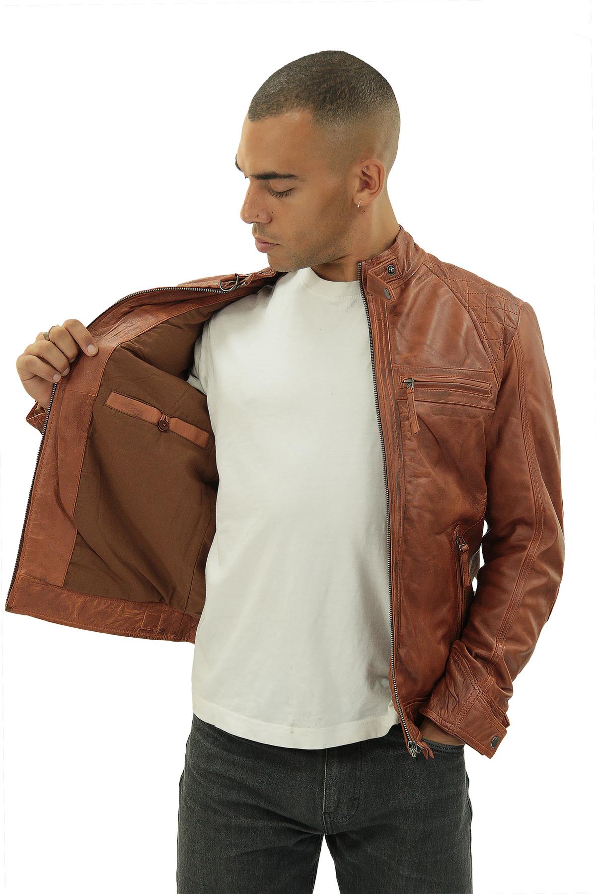 Men's Vintage Leather Quilted Biker Jacket-Monaco