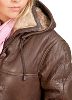 Womens Brown Hooded Sheepskin Leather Duffle Coat-Charlotte