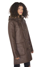 Womens Brown Hooded Sheepskin Leather Duffle Coat-Charlotte