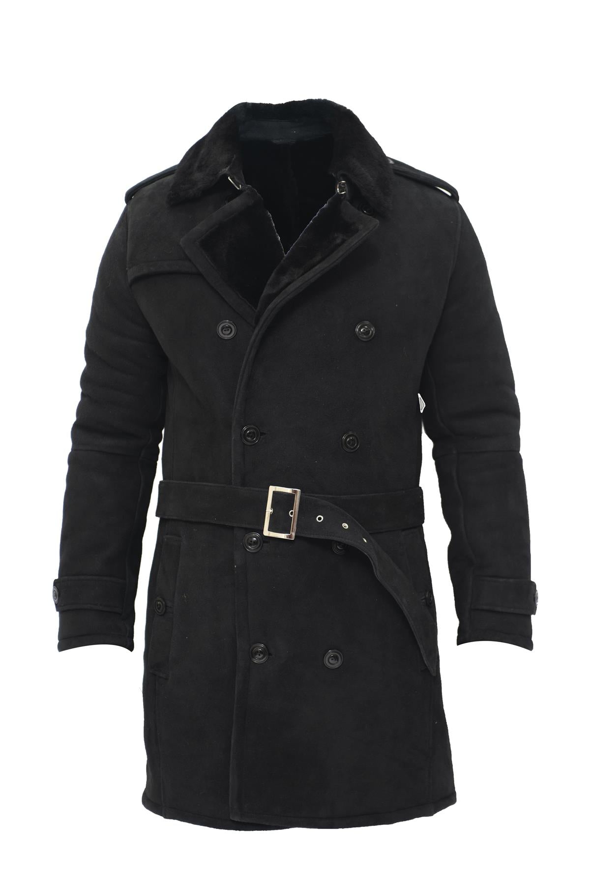 Mens Shearling Sheepskin Suede Pea Coat-Cali