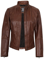 Acerra Womens Cognac Brown Biker Style Real Leather Jacket