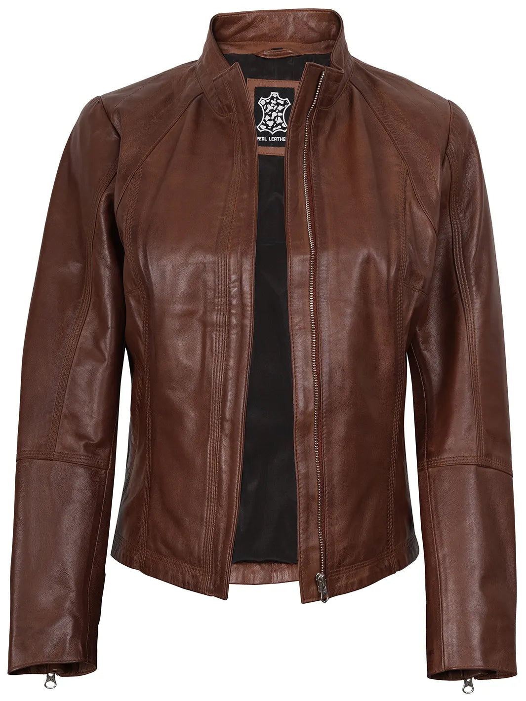 Acerra Womens Cognac Brown Biker Style Real Leather Jacket