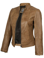 Amy Womens Camel Leather Biker Style Jacket
