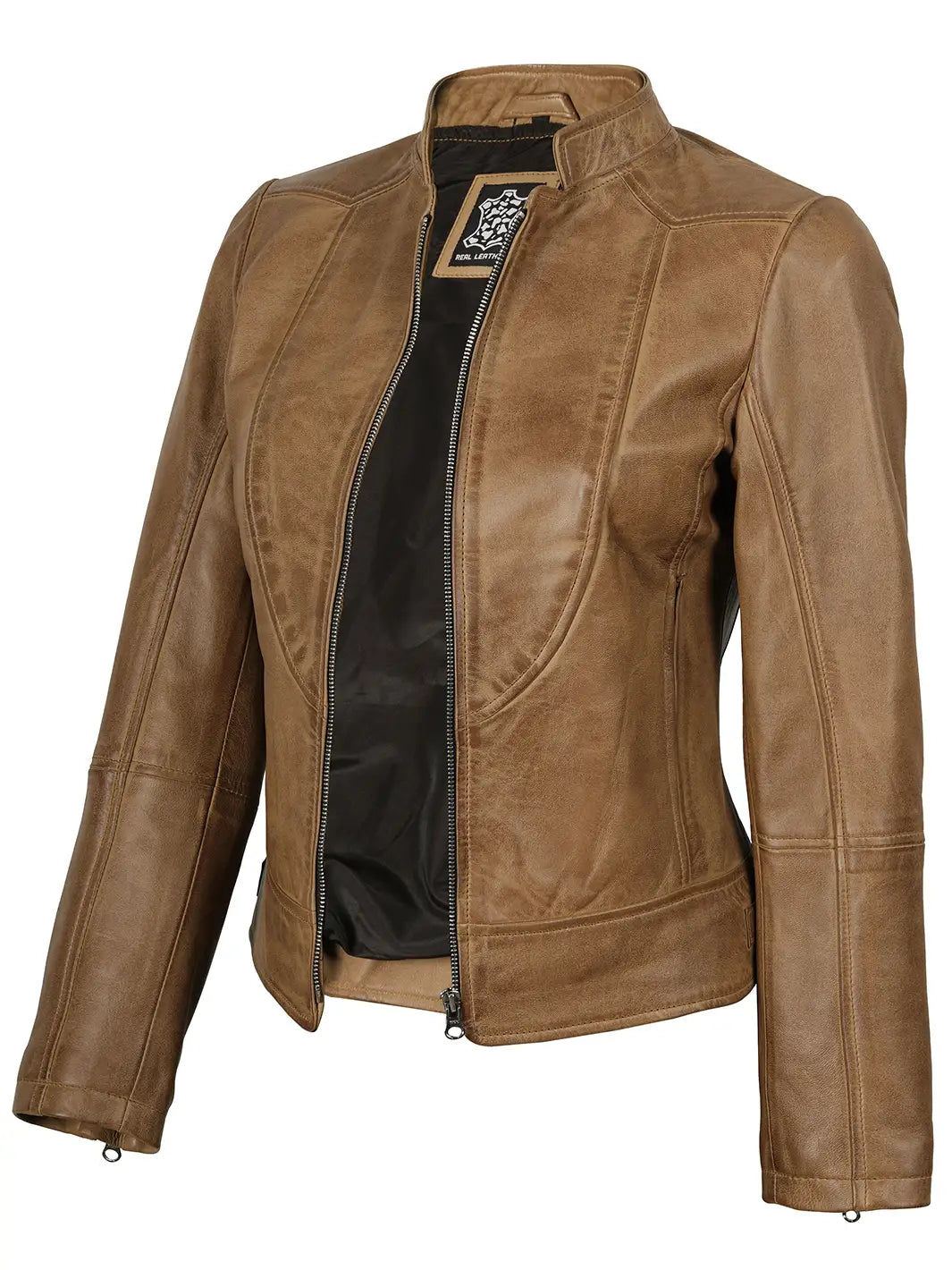 Amy Womens Camel Leather Biker Style Jacket