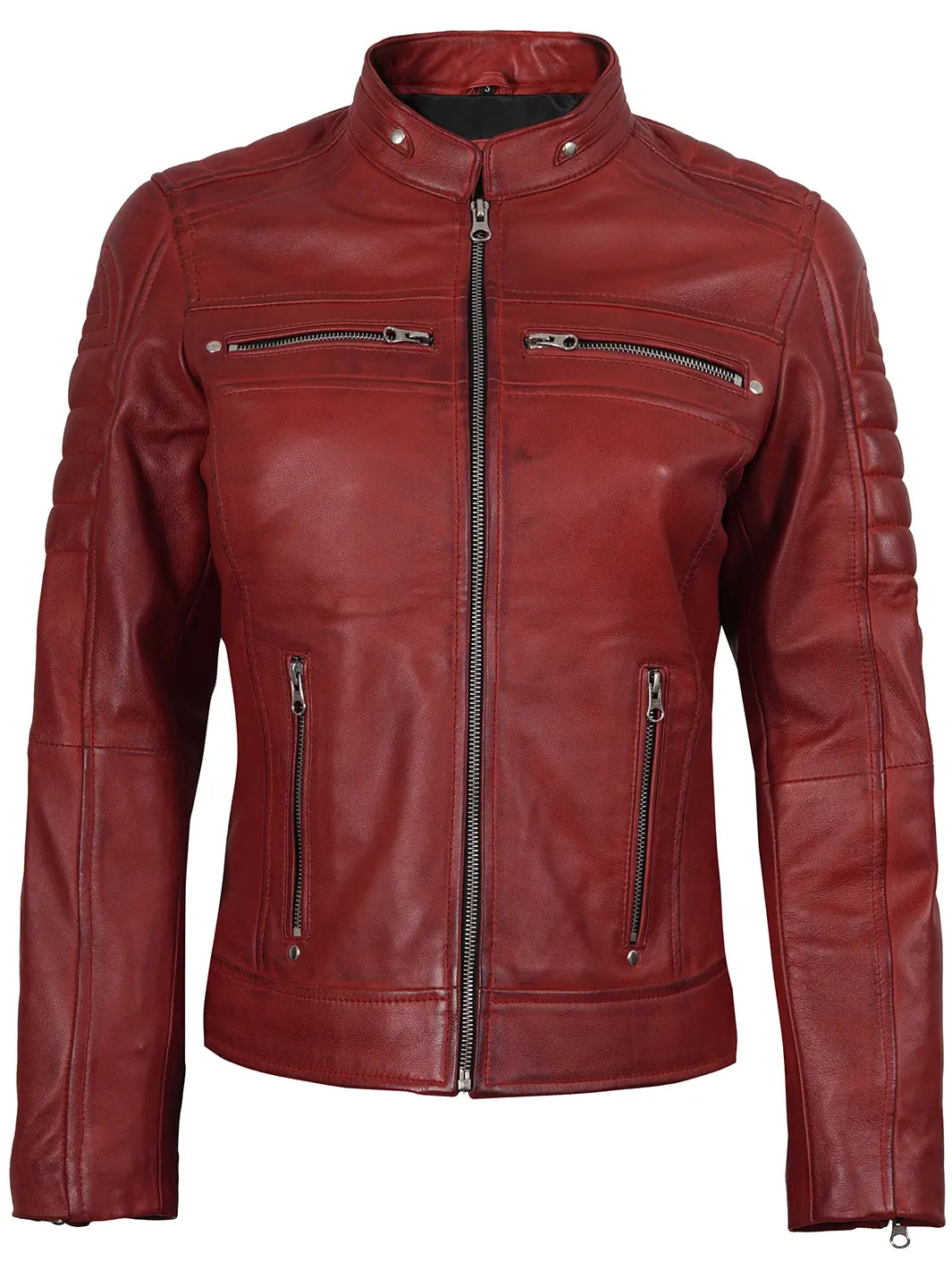 Austin Womens Red Cafe Racer Style Leather Jacket