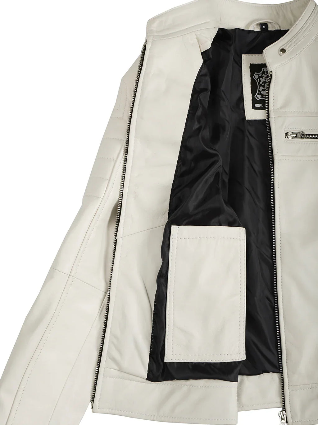Austin Women Off White Biker Style Leather Jacket