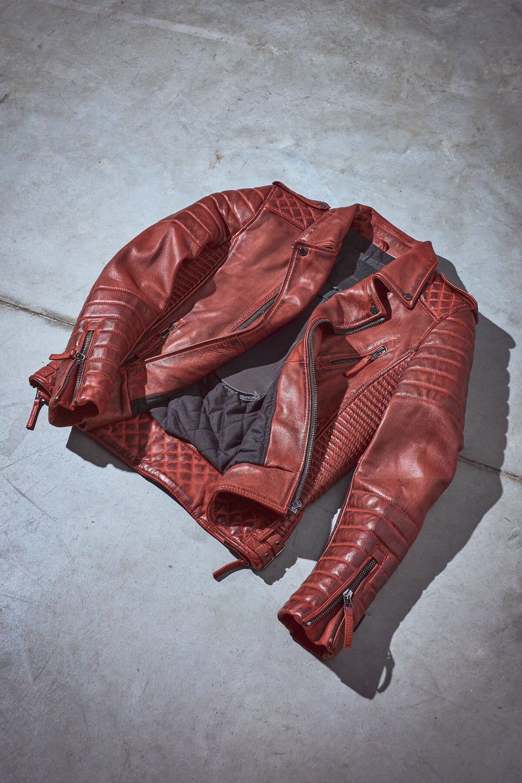 Kay Michaels: Biker Protection Burnt Red Leather Jacket  (Man)