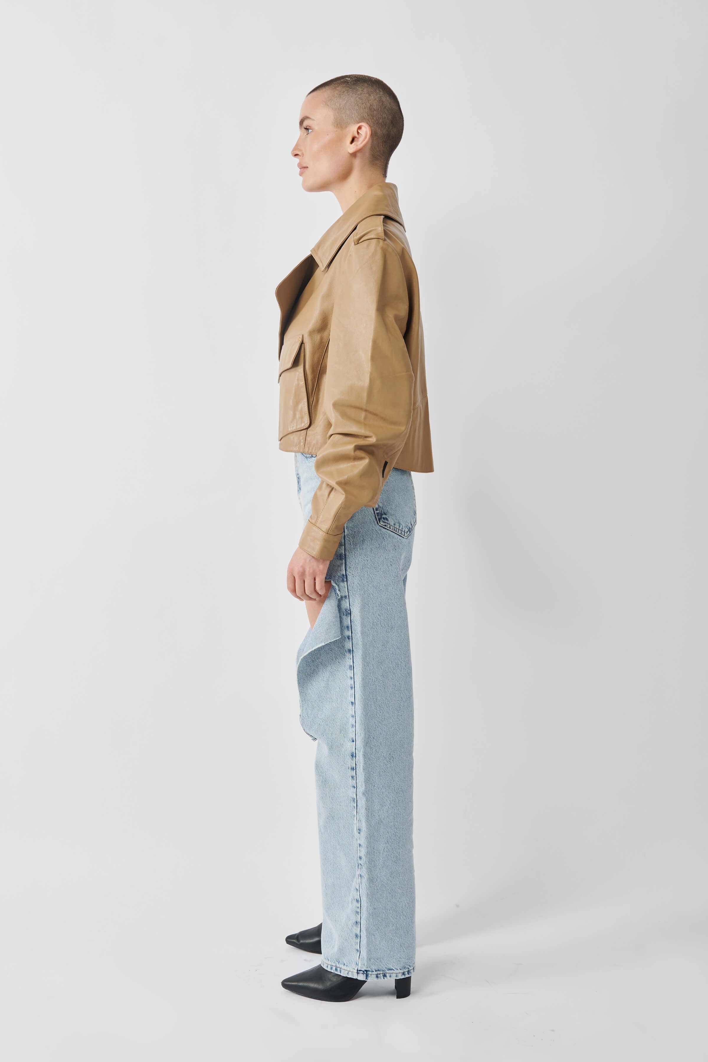 Cropped Blouson Sand Leather Jacket - Tall