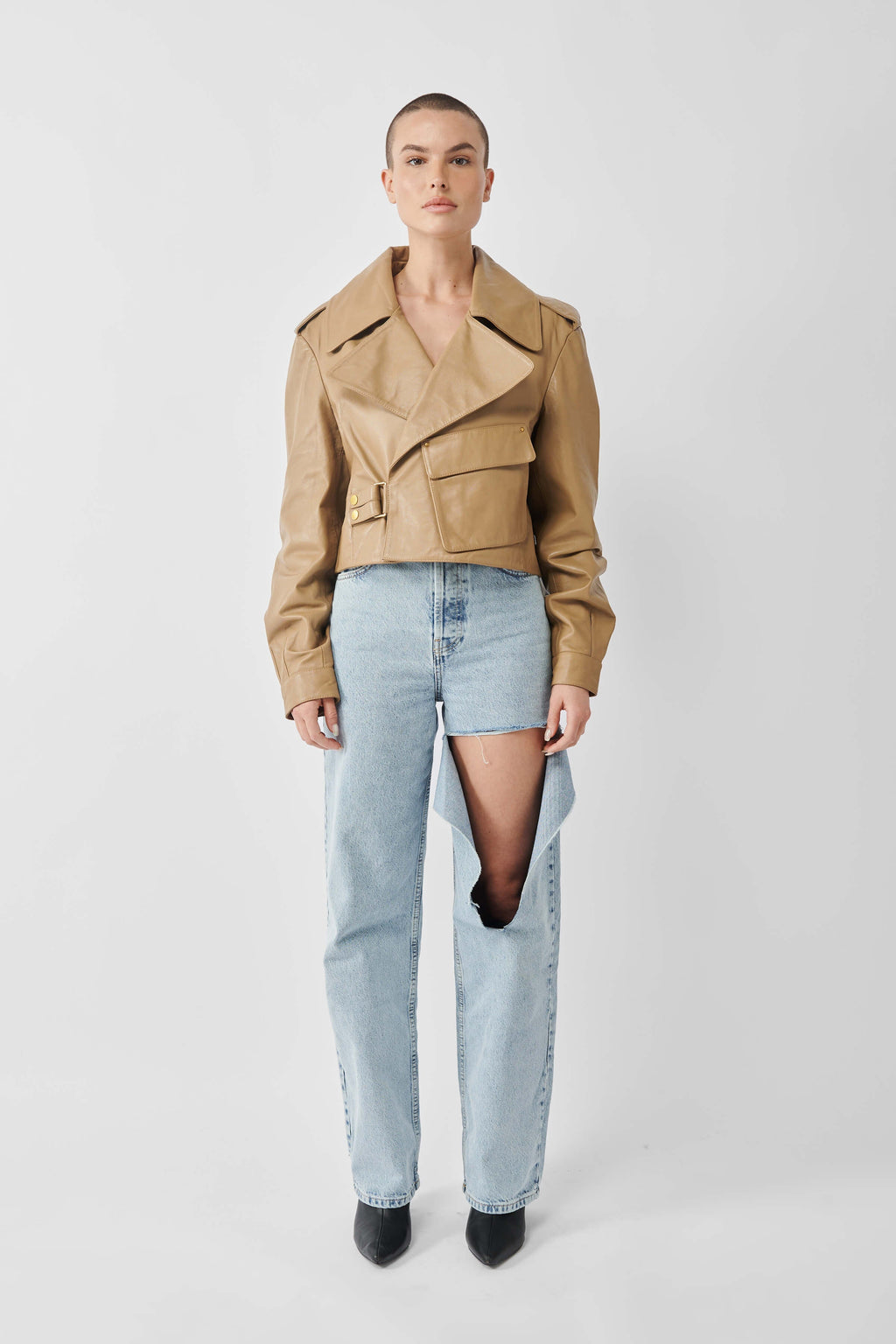 Cropped Blouson Sand Leather Jacket - Tall