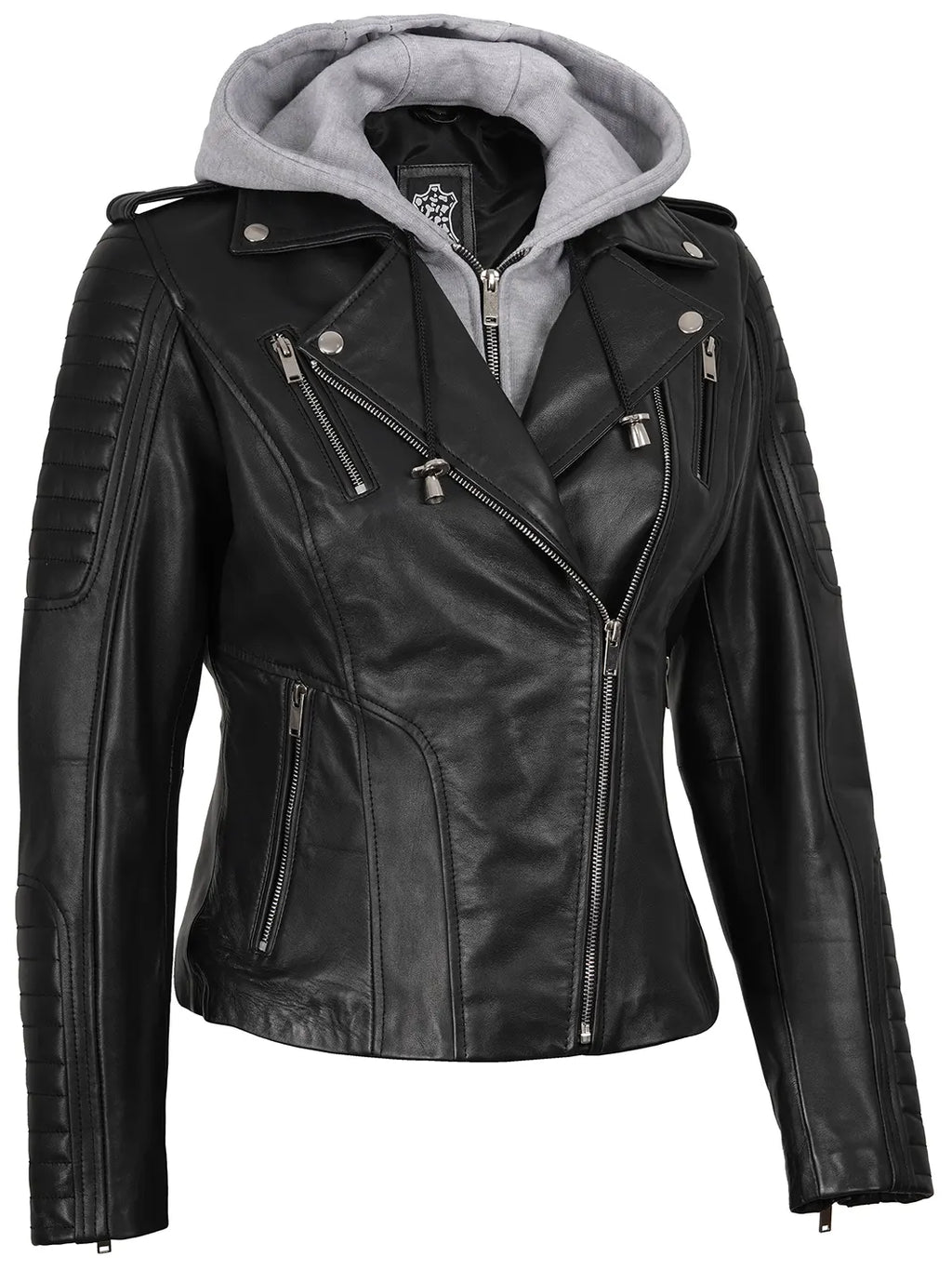 Womens Black Leather Biker Style Jacket With Removable Hood