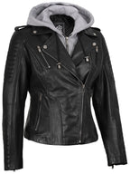 Womens Black Leather Biker Style Jacket With Removable Hood