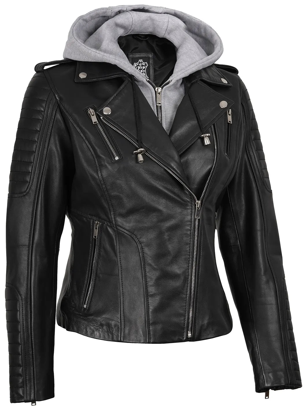 Womens Black Leather Biker Style Jacket With Removable Hood