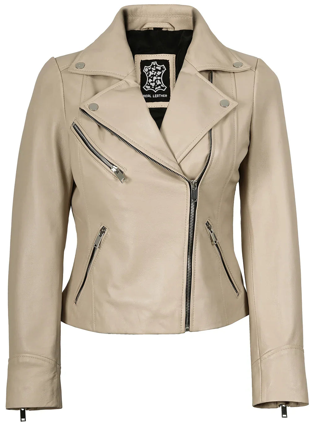 Women's Beige Asymmetrical Biker Style Real Leather Jacket