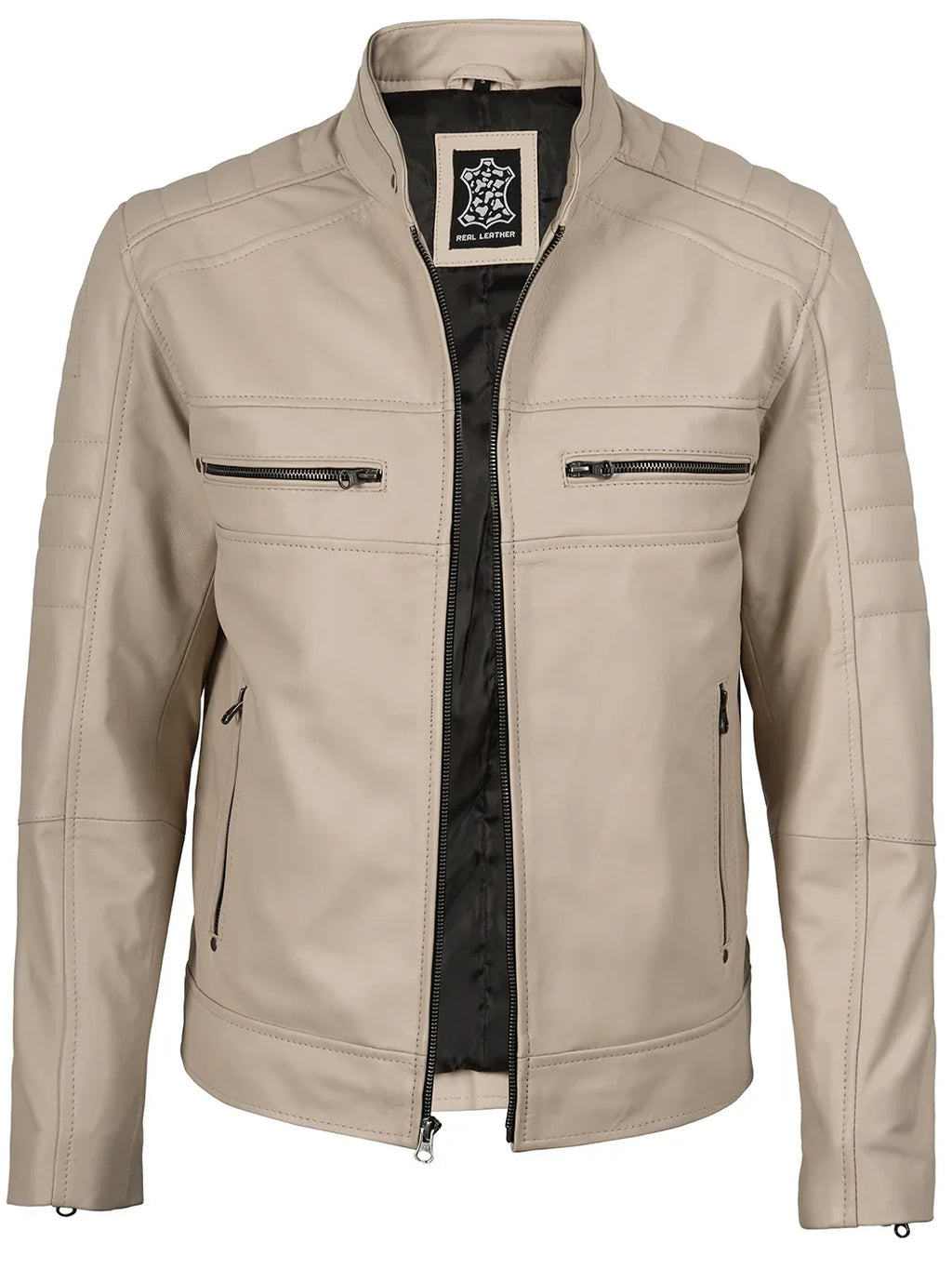 Mens Beige Cafe Racer Style Leather Jacket