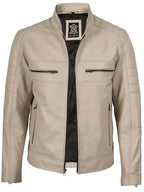 Mens Beige Cafe Racer Style Leather Jacket