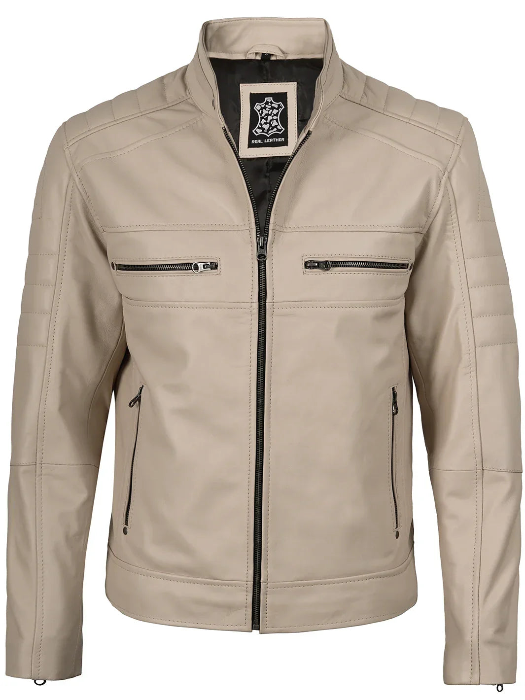 Mens Beige Cafe Racer Style Leather Jacket