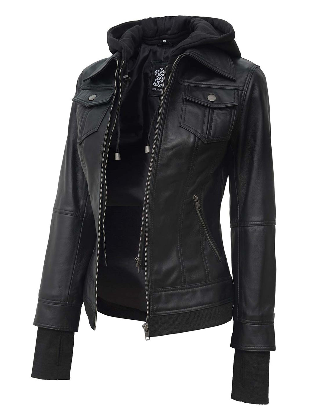Women's Petite Black Leather Jacket with Removable Hood