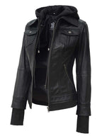 Women's Petite Black Leather Jacket with Removable Hood