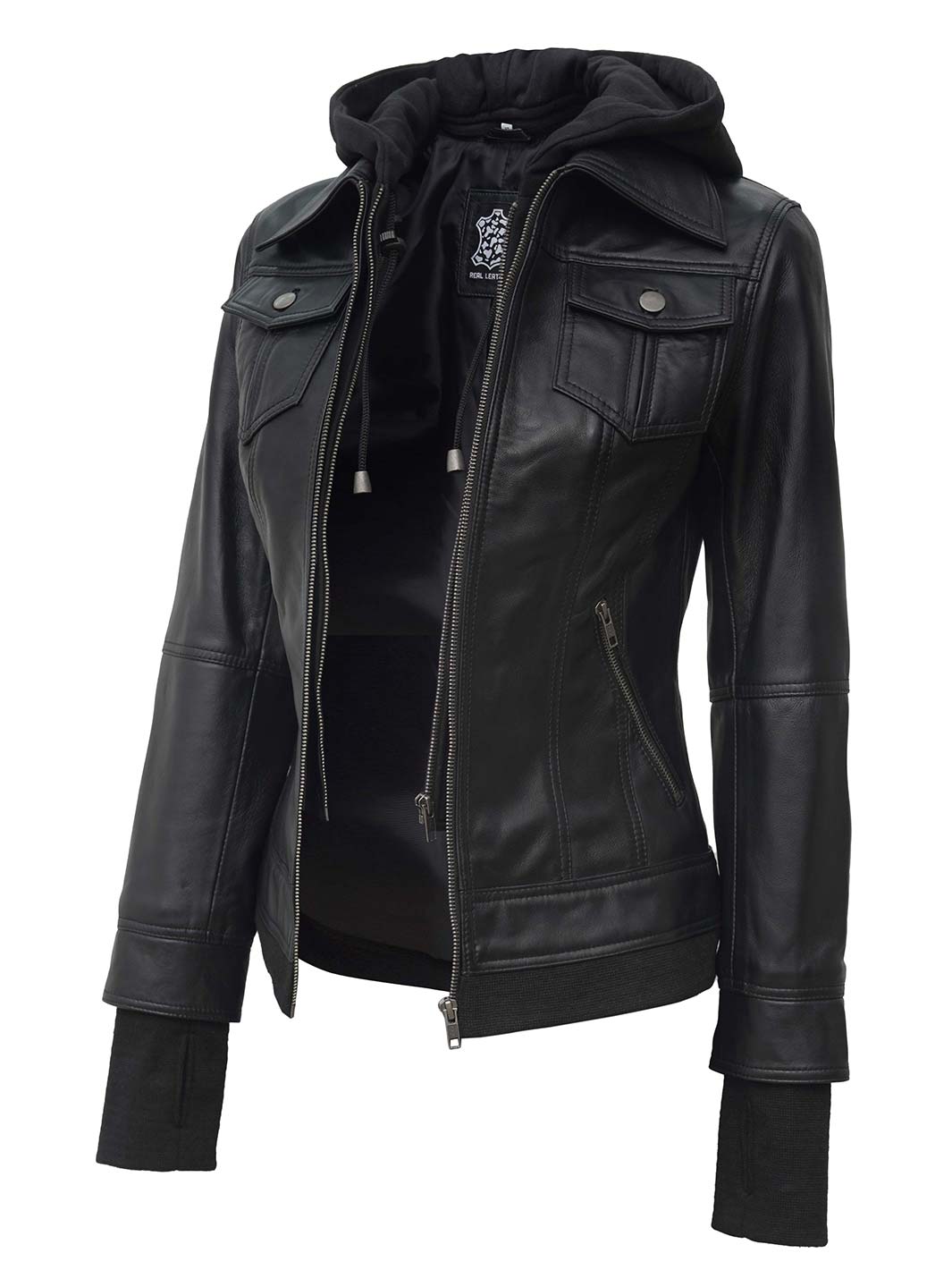 Women's Petite Black Leather Jacket with Removable Hood