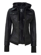 Women's Petite Black Leather Jacket with Removable Hood