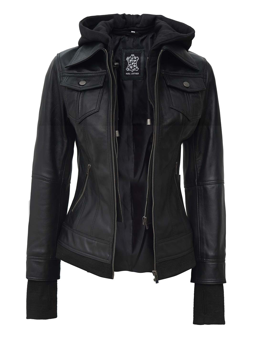 Women's Petite Black Leather Jacket with Removable Hood