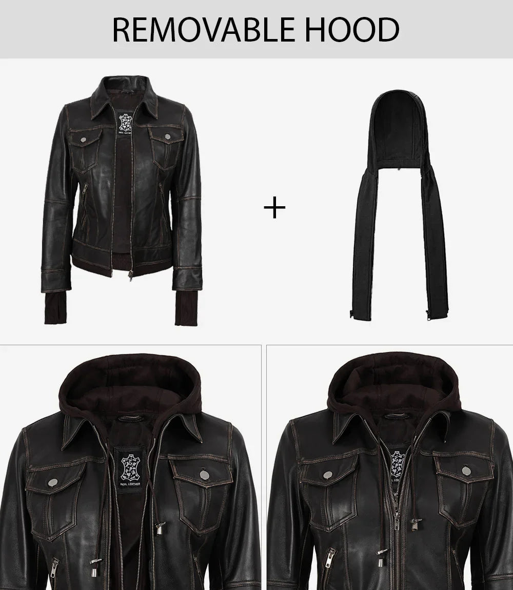 Tralee Women Dark Brown Bomber Leather Jacket With Removable Hood