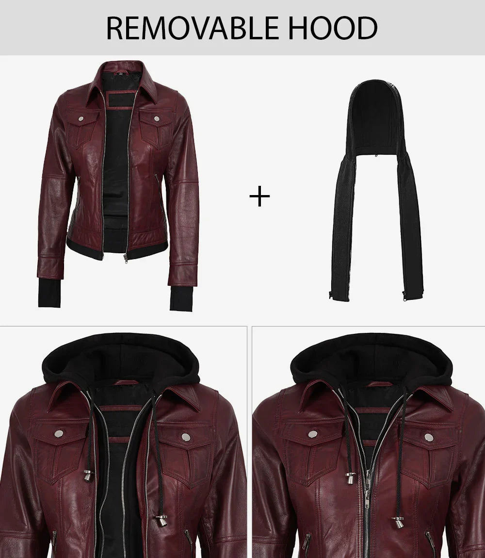 Tralee Women's Maroon Bomber Leather Jacket with Hood