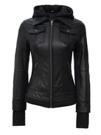 Women's Petite Black Leather Jacket with Removable Hood
