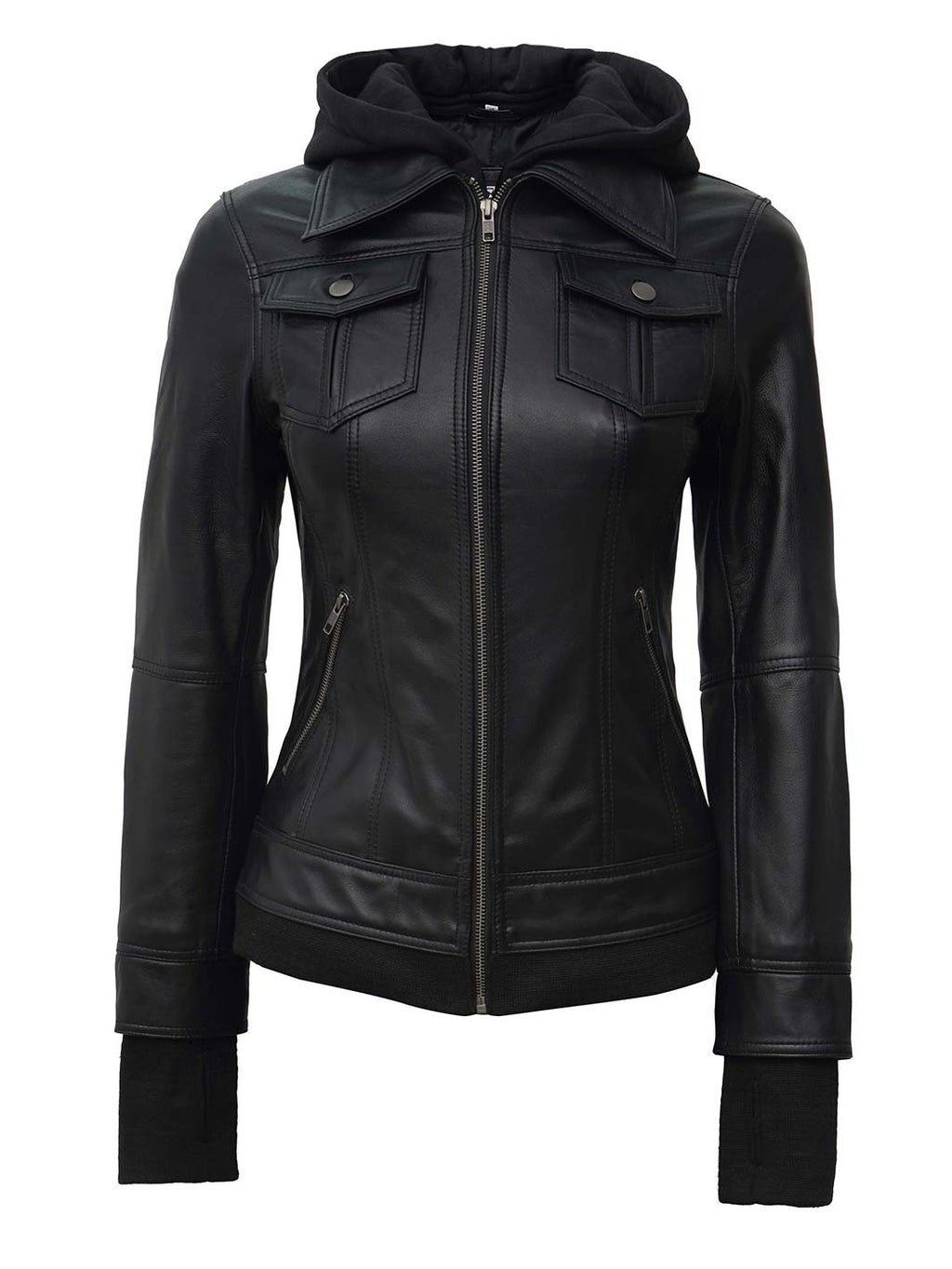 Tall Women's Black Biker Style Leather Jacket with Removable Hood