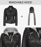 Womens Black Leather Biker Style Jacket With Removable Hood