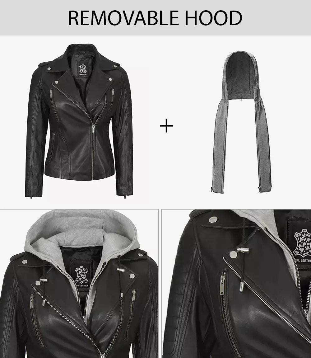 Womens Black Leather Biker Style Jacket With Removable Hood