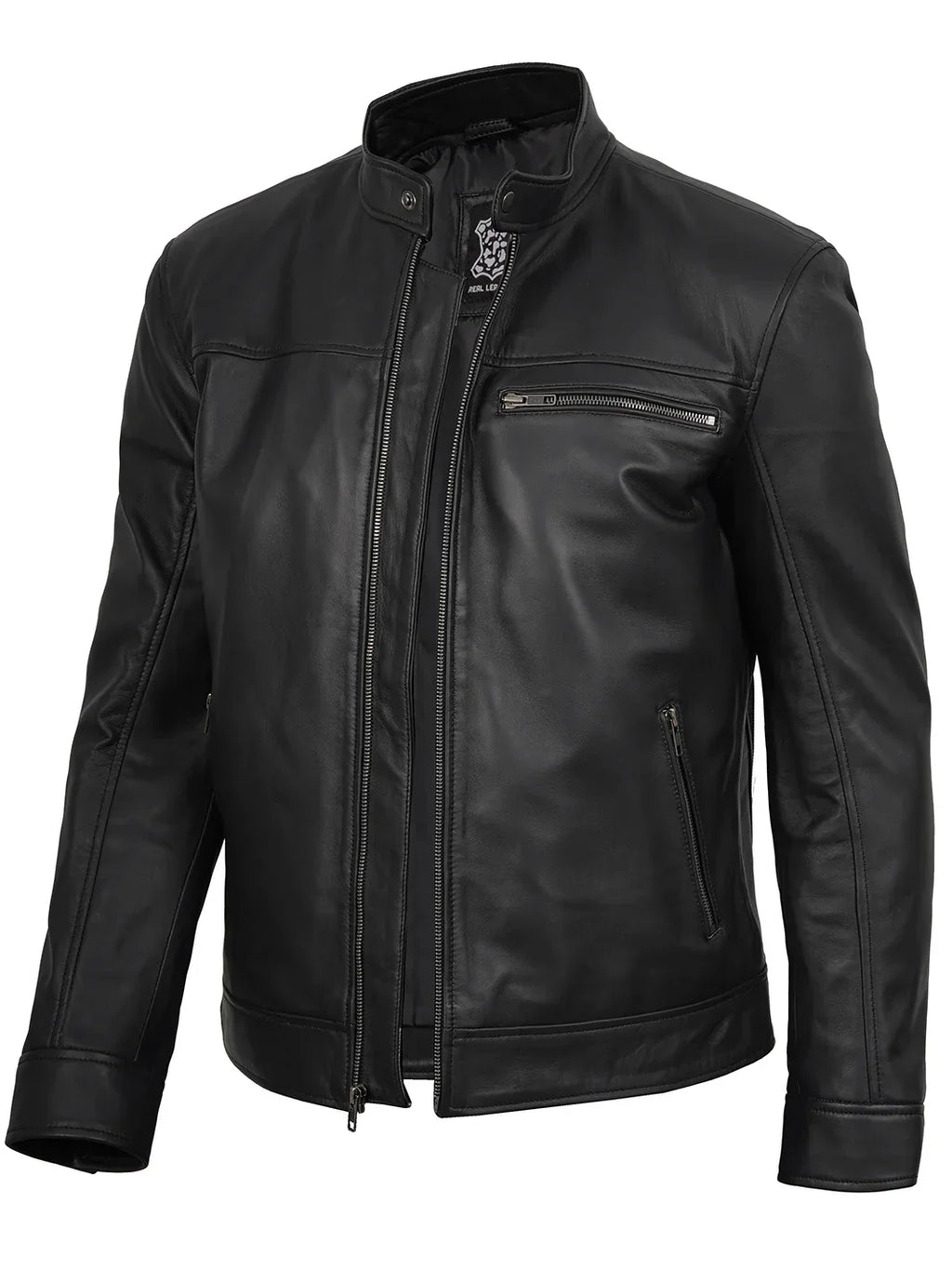 Bickford Mens Black Cafe Racer Style Real Leather Jacket
