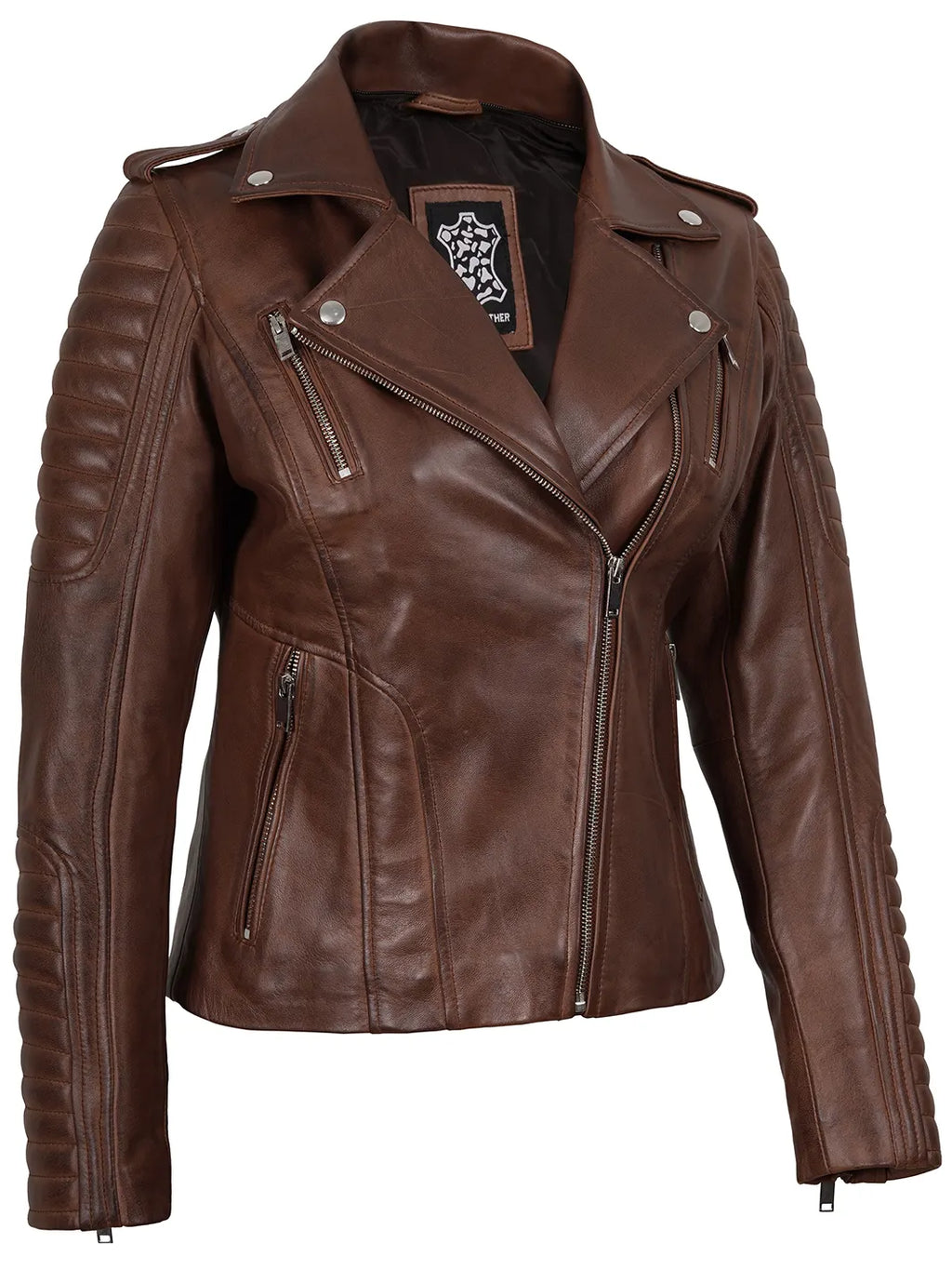 Bagheria Womens Cognac Biker Style Leather Jacket With Removable Hood