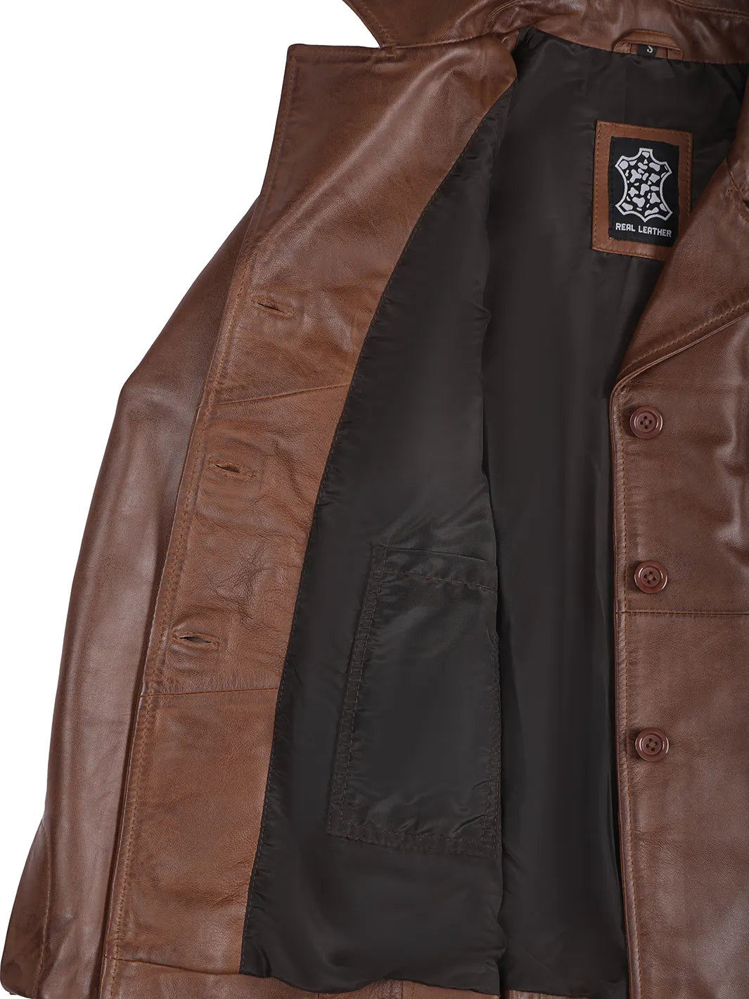 Women's Three Button Cognac Brown Leather Blazer