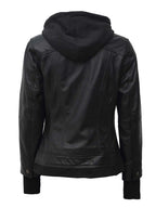 Tall Women's Black Biker Style Leather Jacket with Removable Hood