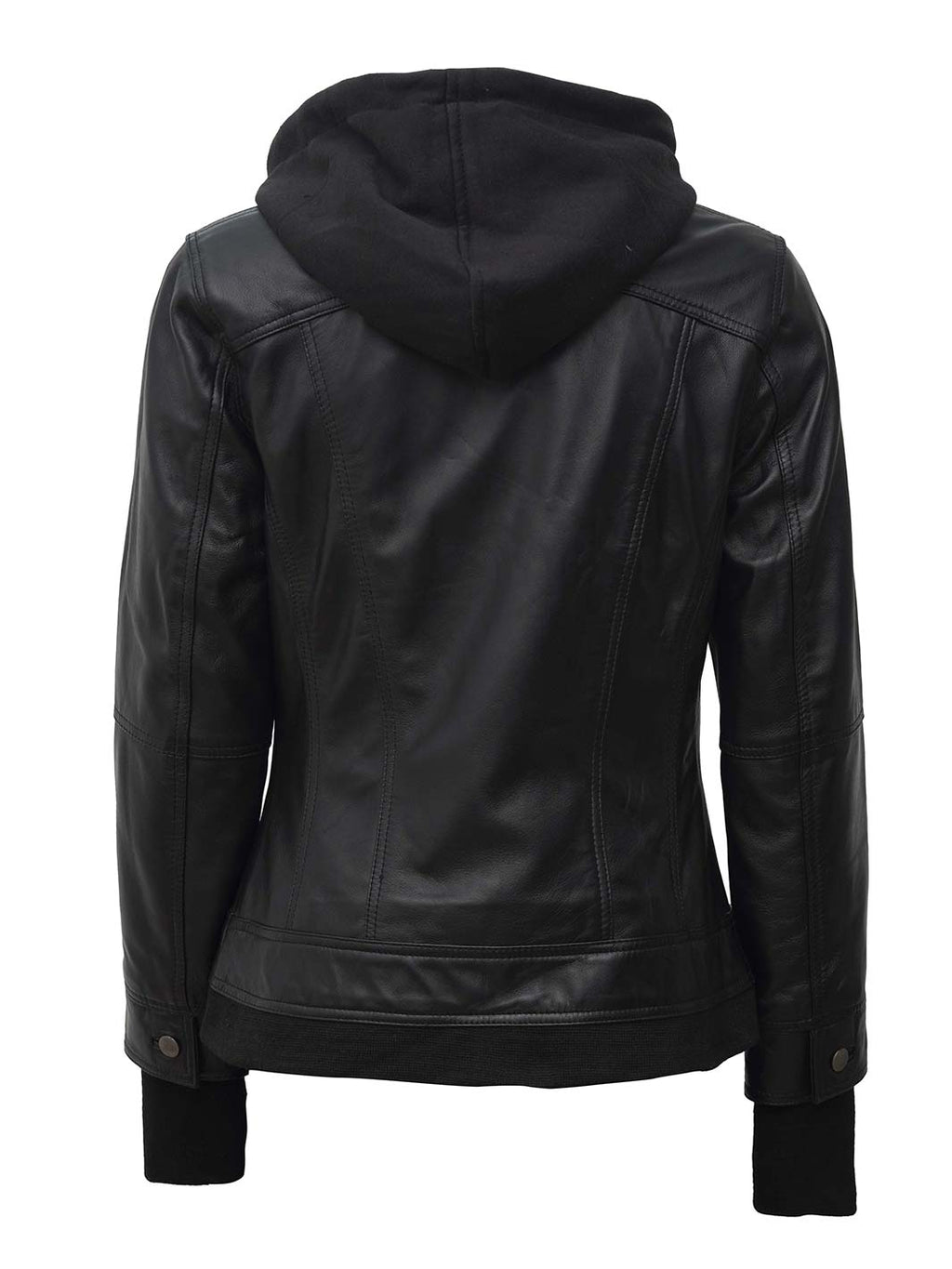 Women's Petite Black Leather Jacket with Removable Hood