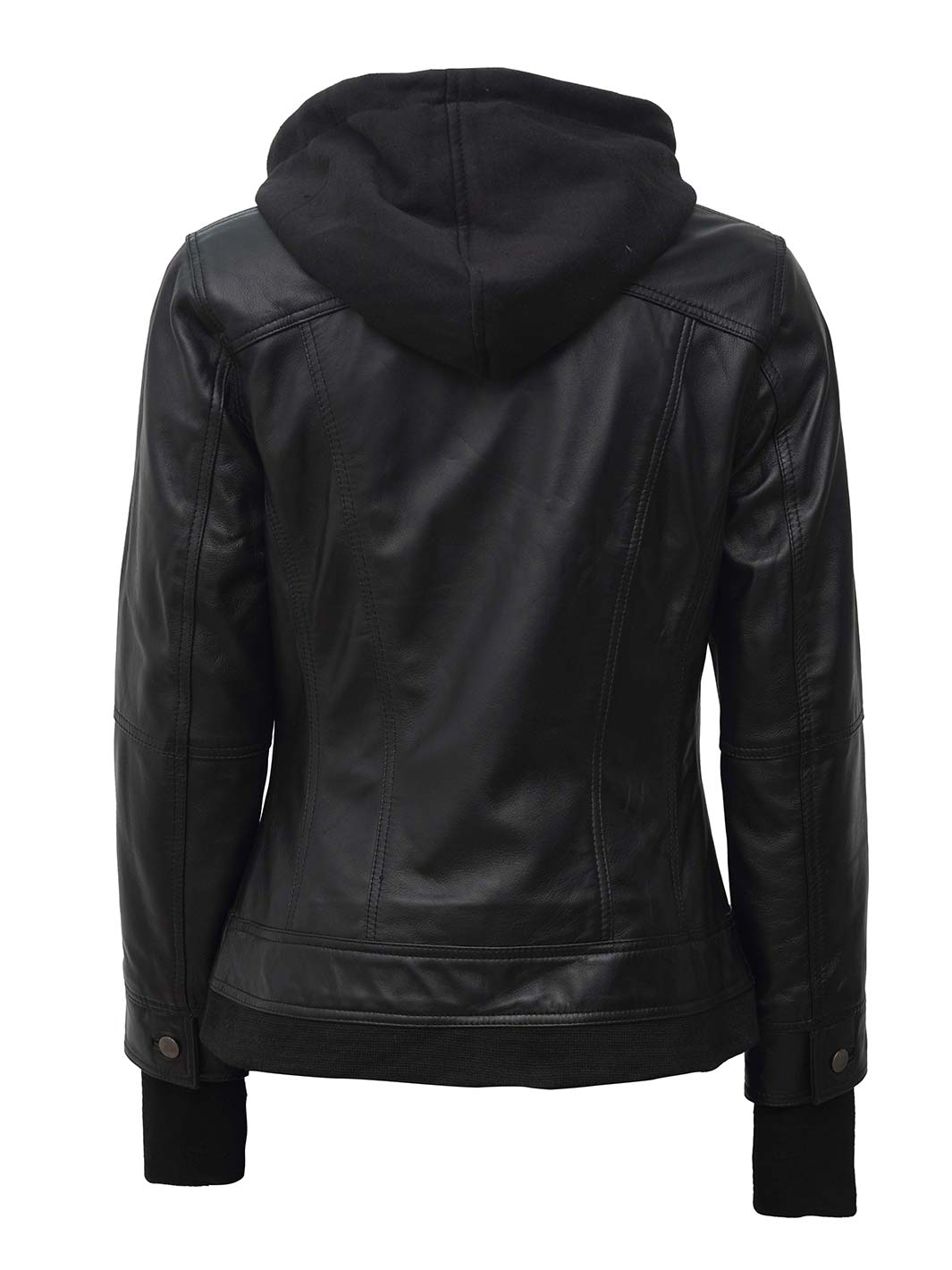 Women's Petite Black Leather Jacket with Removable Hood