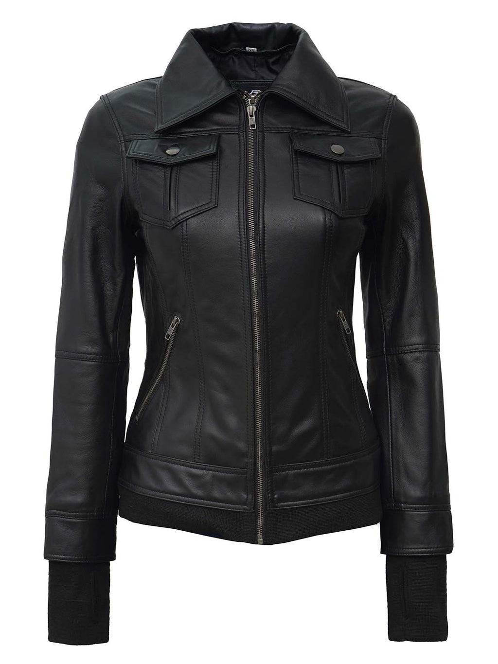 Women's Petite Black Leather Jacket with Removable Hood
