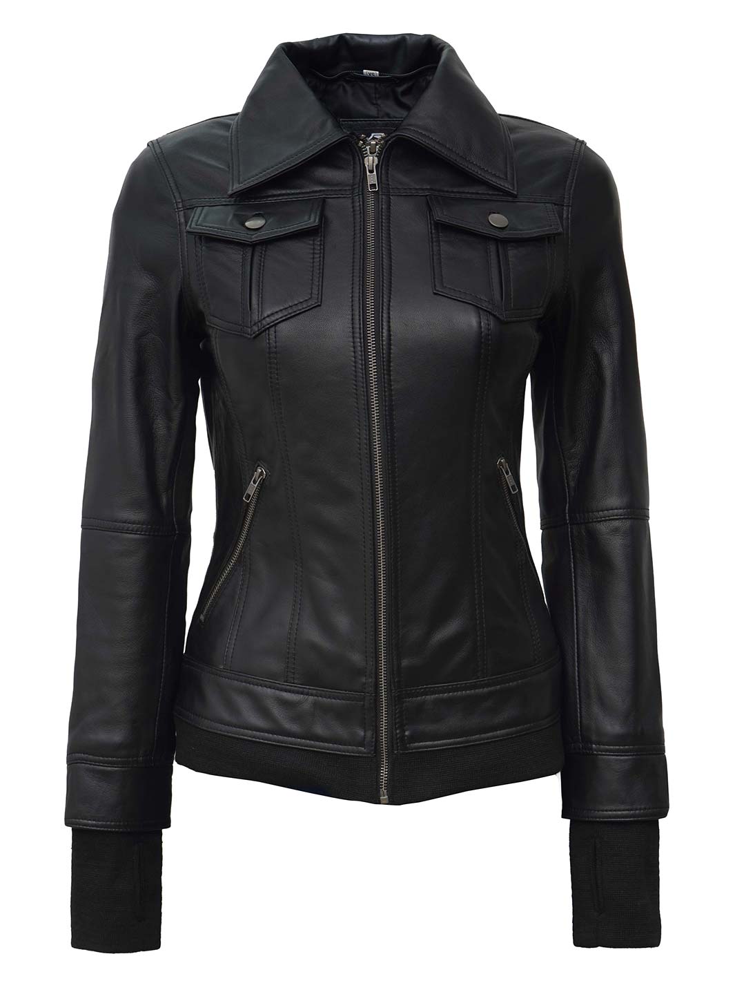 Women's Petite Black Leather Jacket with Removable Hood