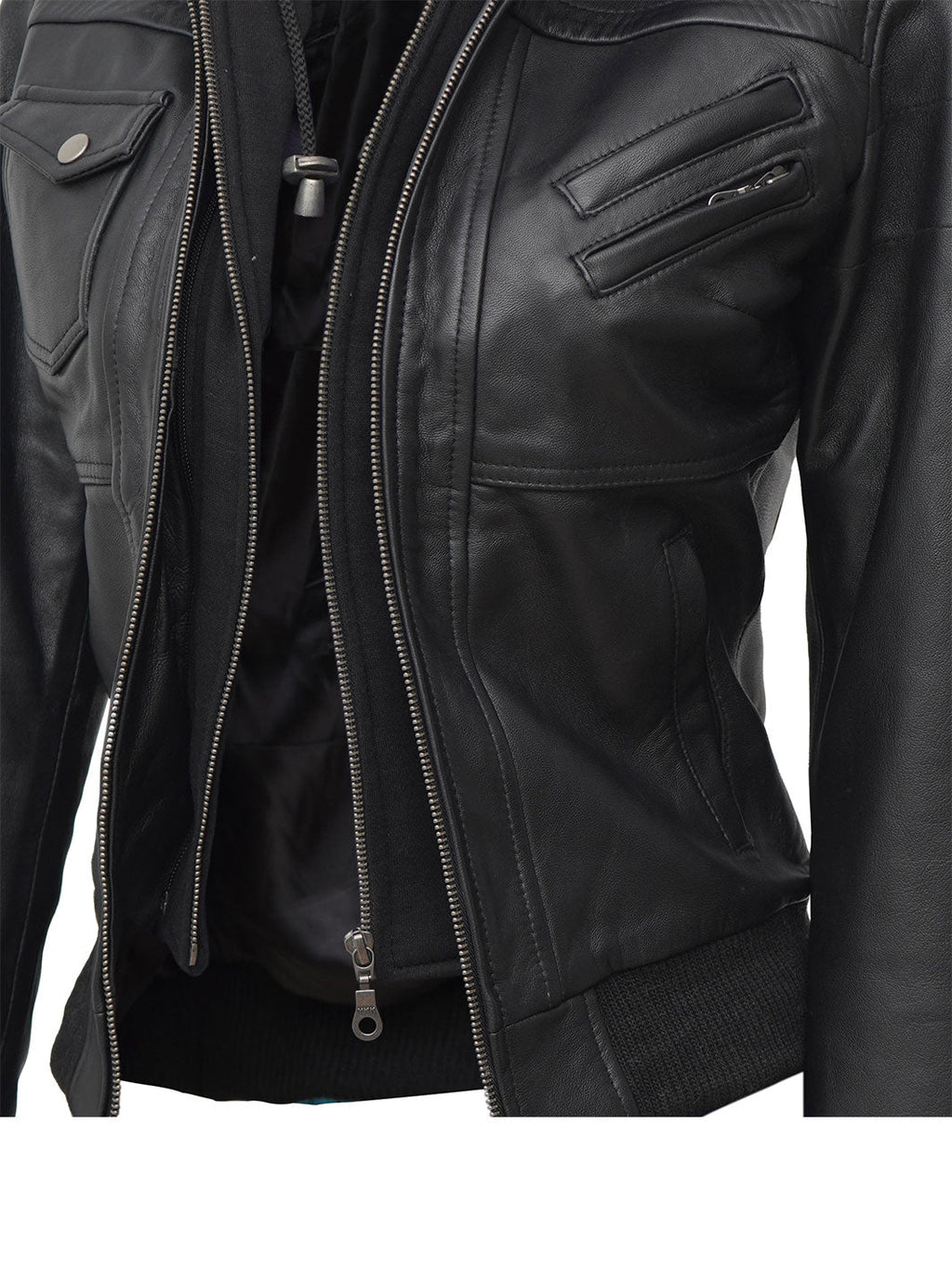 Tall Women's Bomber Black Leather Jacket with Removable Hood