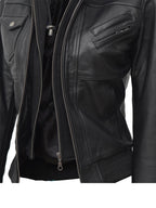 Tall Women's Bomber Black Leather Jacket with Removable Hood