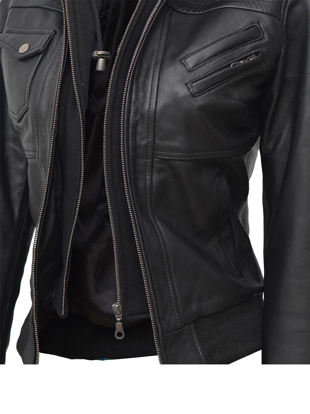 Petite Women's Bomber Black Leather Jacket with Removable Hood