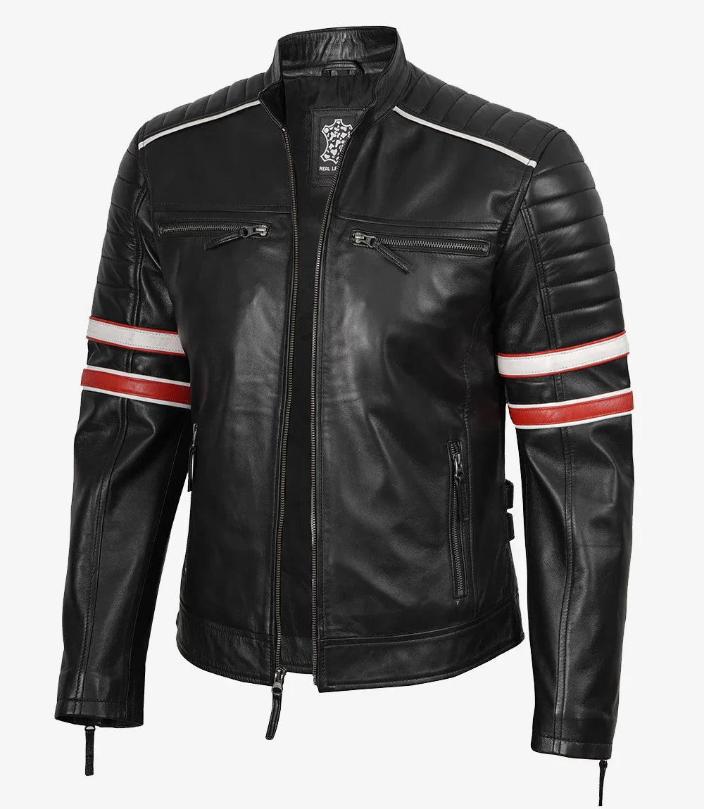 Men’s Black Cafe Racer Leather Jacket with Dual Stripes