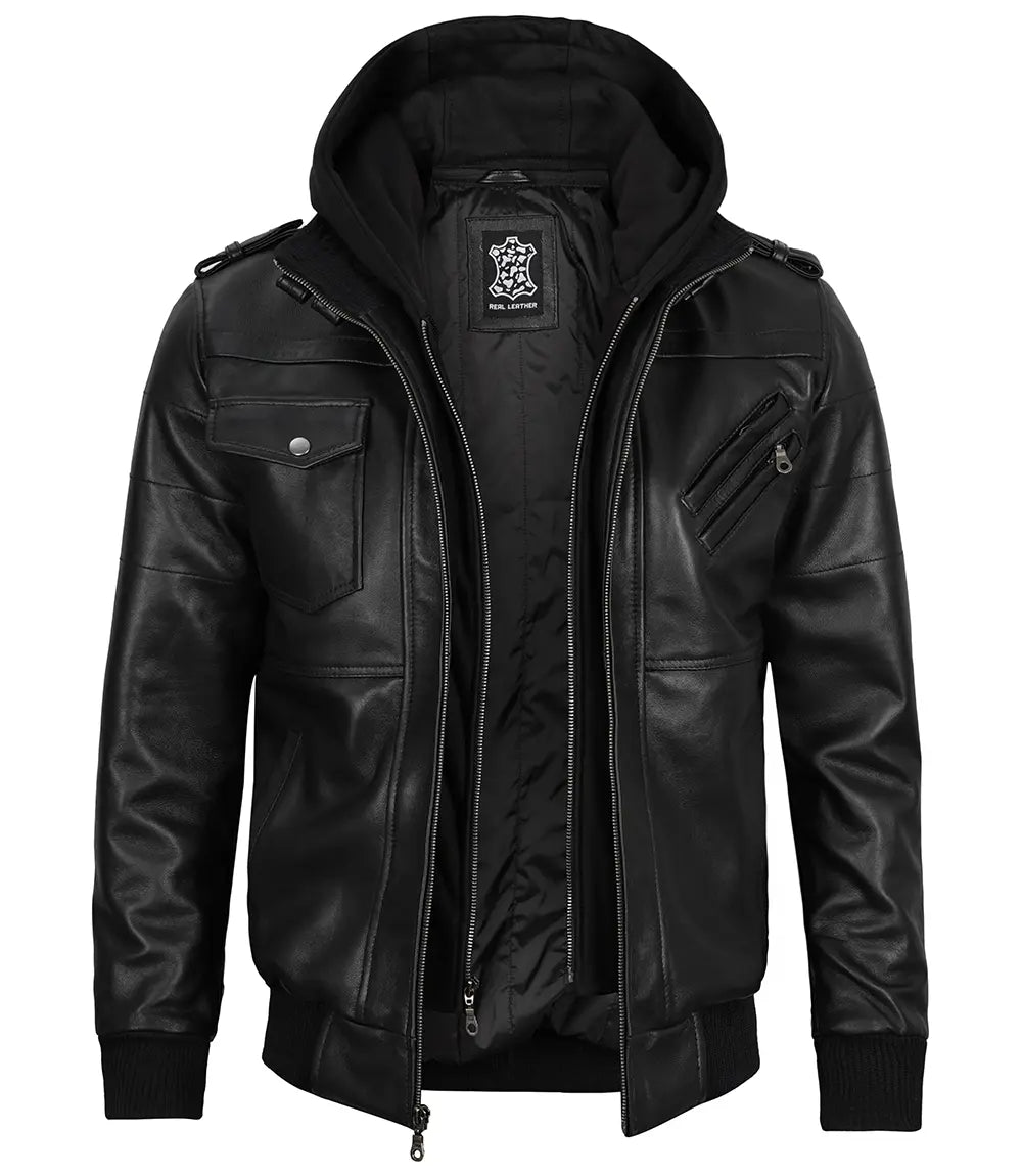 Edinburgh Mens Black Bomber Leather Jacket With Removable Hood
