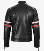 Men’s Black Cafe Racer Leather Jacket with Dual Stripes