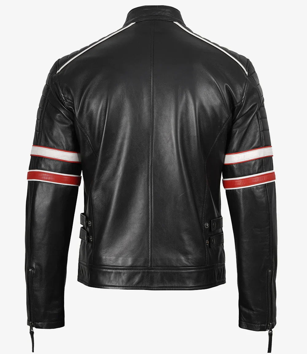 Men’s Black Cafe Racer Leather Jacket with Dual Stripes