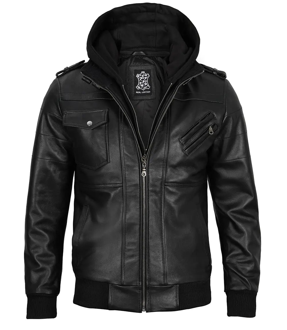Edinburgh Mens Black Bomber Leather Jacket With Removable Hood