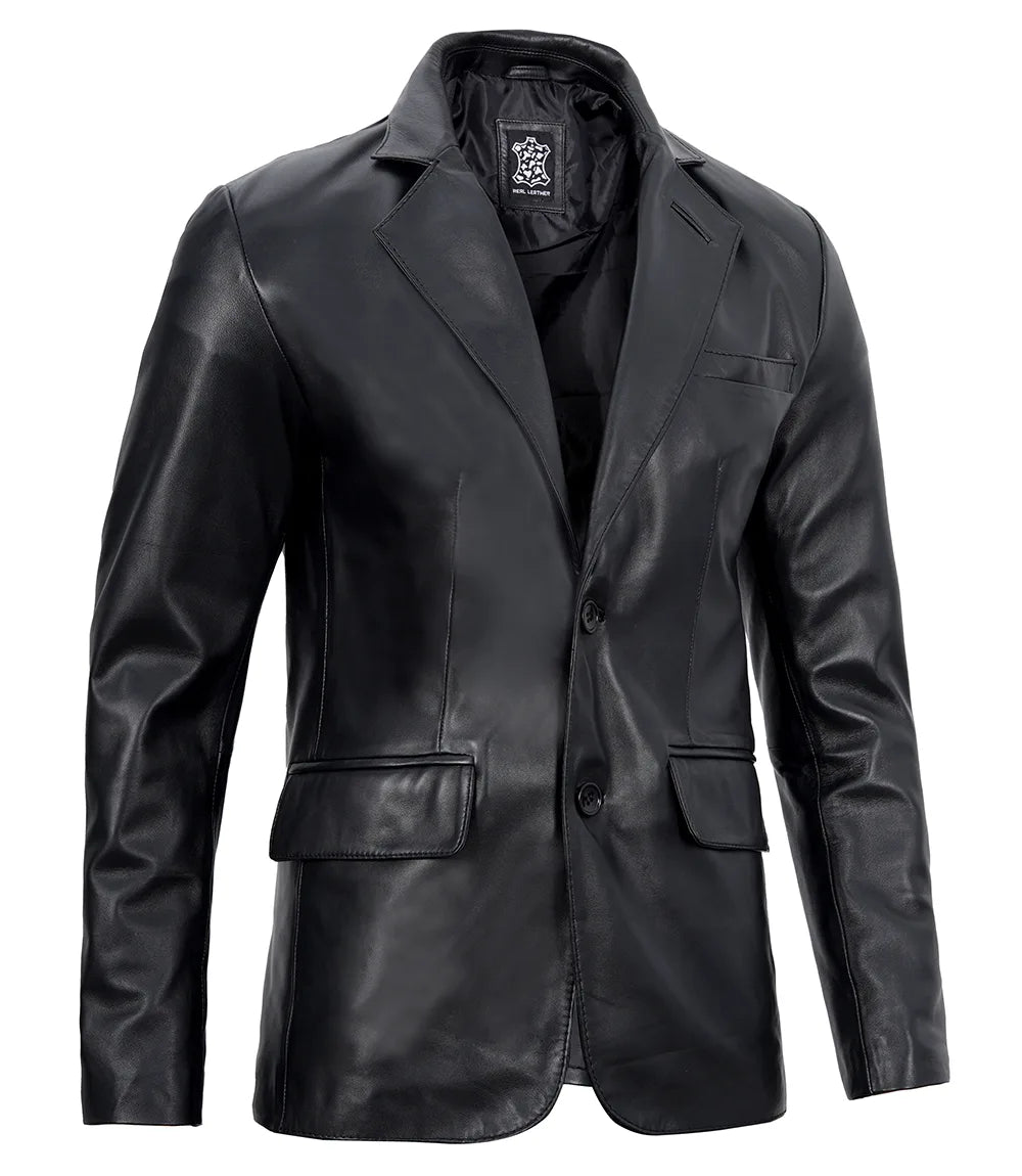Mens Real Lambskin Black Leather Blazer