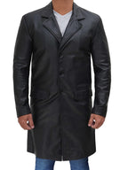 Men's Long Black Real Cowhide Leather Trench Coat